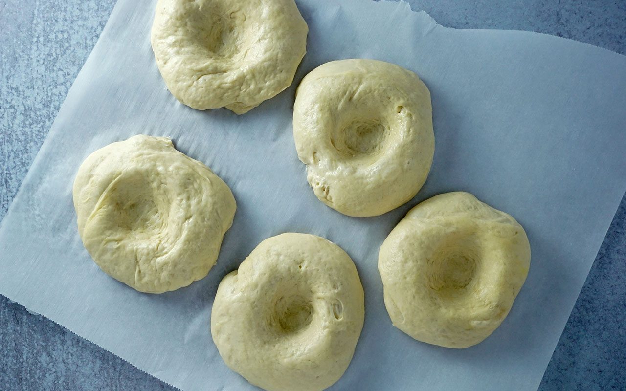 bialy dough formed after second rise and ready for filling