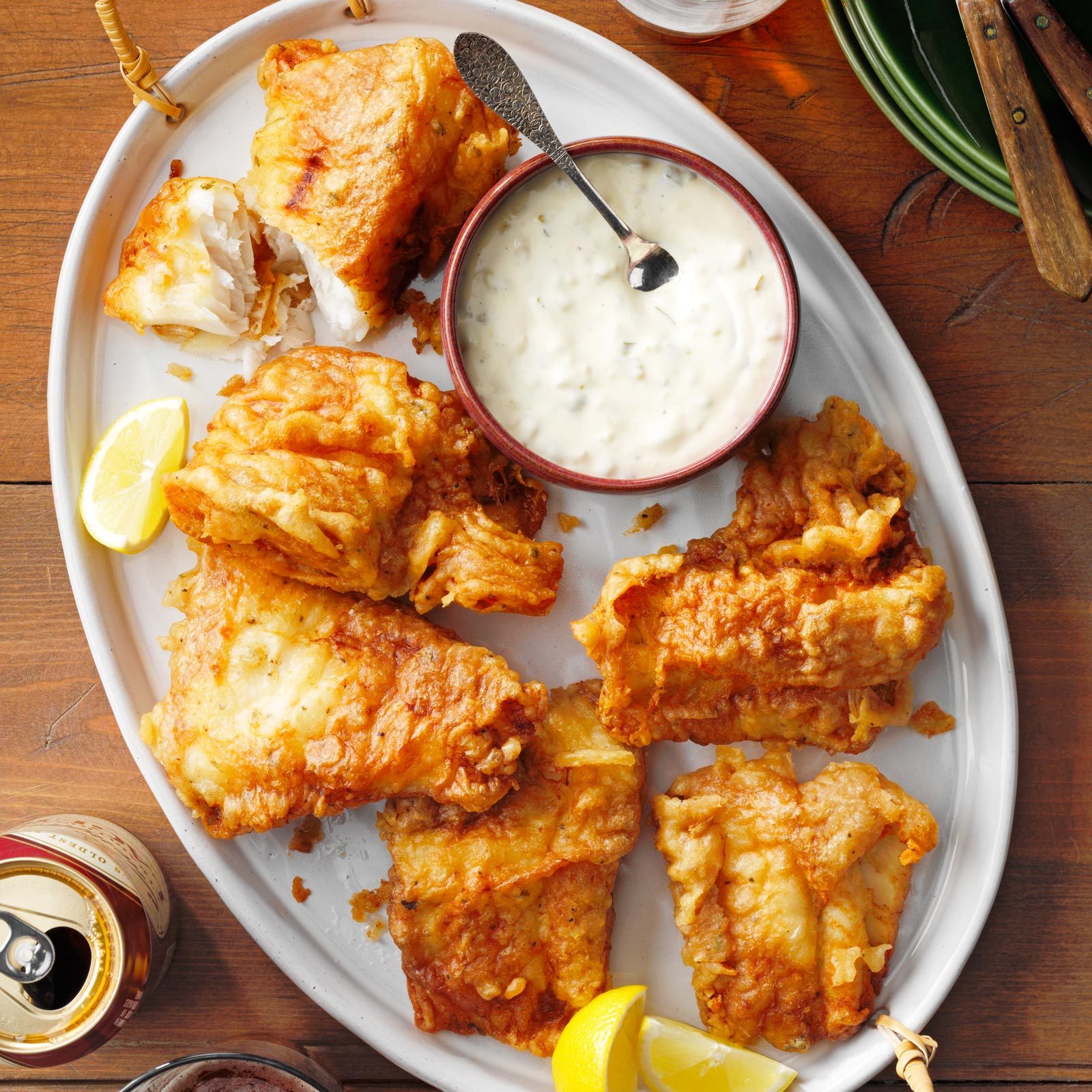 Fish Fry on an oval plate with a side bowl of tarter sauce