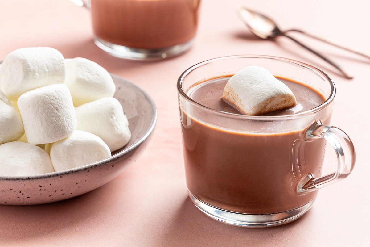 Taste of Home Vegan Hot Chocolate recipe photo of the finished recipe poured into mugs topped with marshmellows.