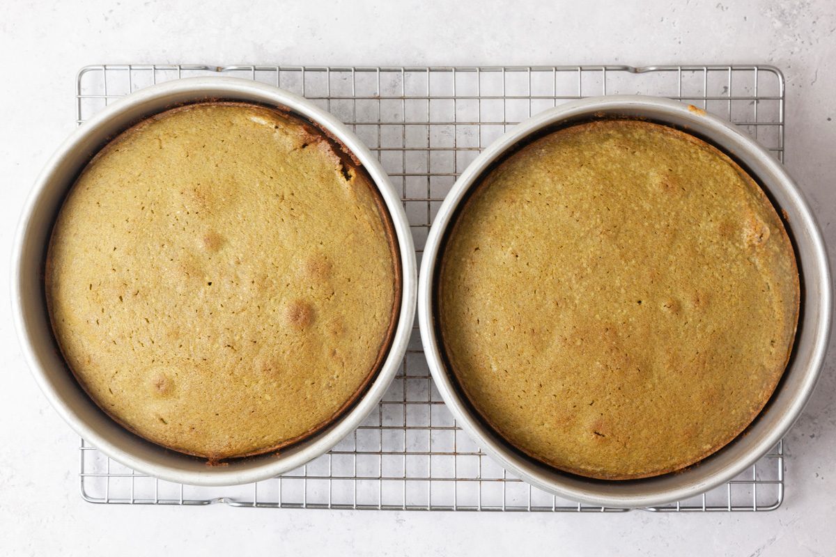 Overhead shot of baked Matcha Cake 